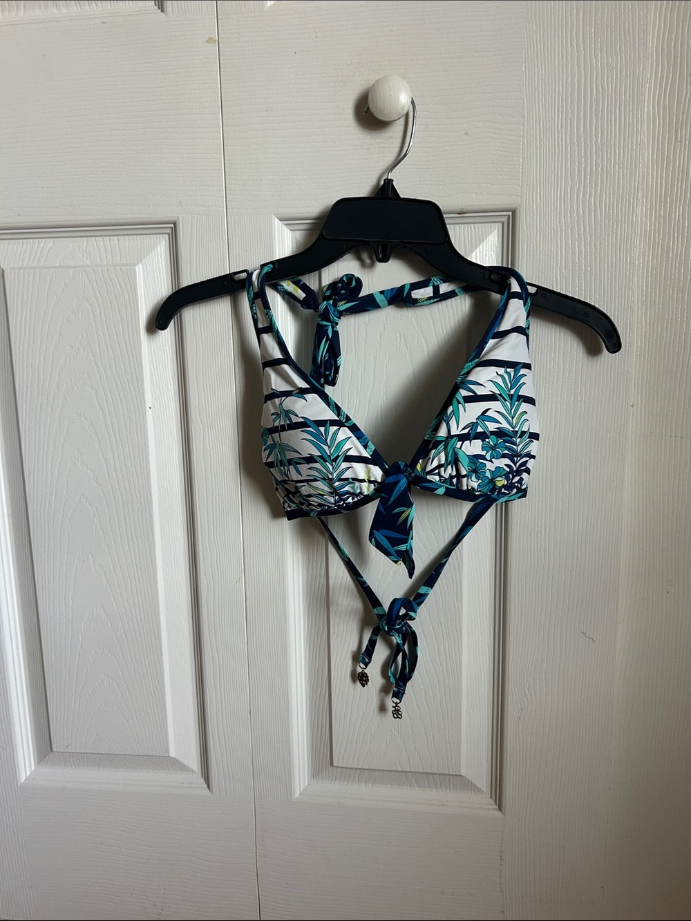 Tropical Print Bikini Top - Teal & White